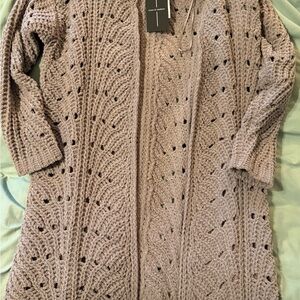 moon & madison Brown Cardigan with Intricate Lace Knit Pattern
